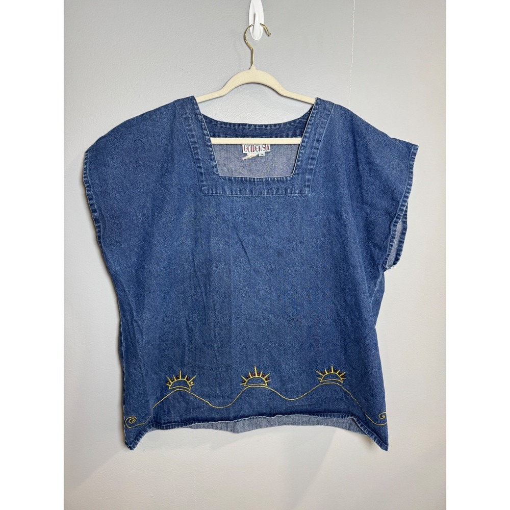 GOLDEN SEA Women's 3X‎ Denim Square Neck Cap Sleeve Sun Embroidery Top